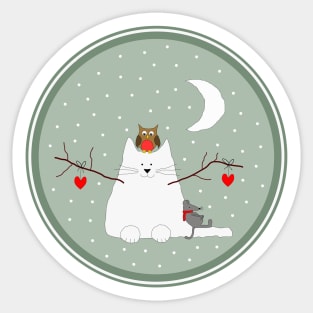 Snow cat with Mister Mouse and Lady Owl Sticker